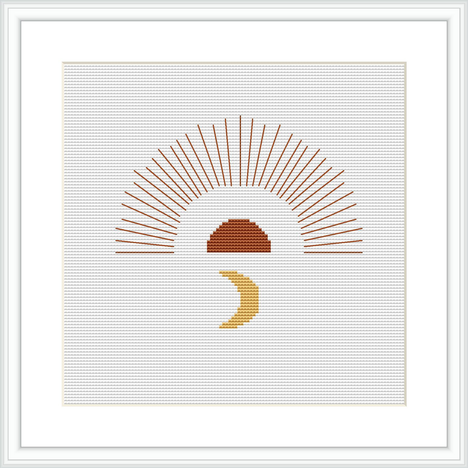 The cross stitch pattern depicts a stylized sunrise, featuring a half-circle in terracotta and beige with linear rays extending upwards. Beneath it, a small crescent moon motif in gold adds a charming contrast, all presented on a white background within a simple frame.