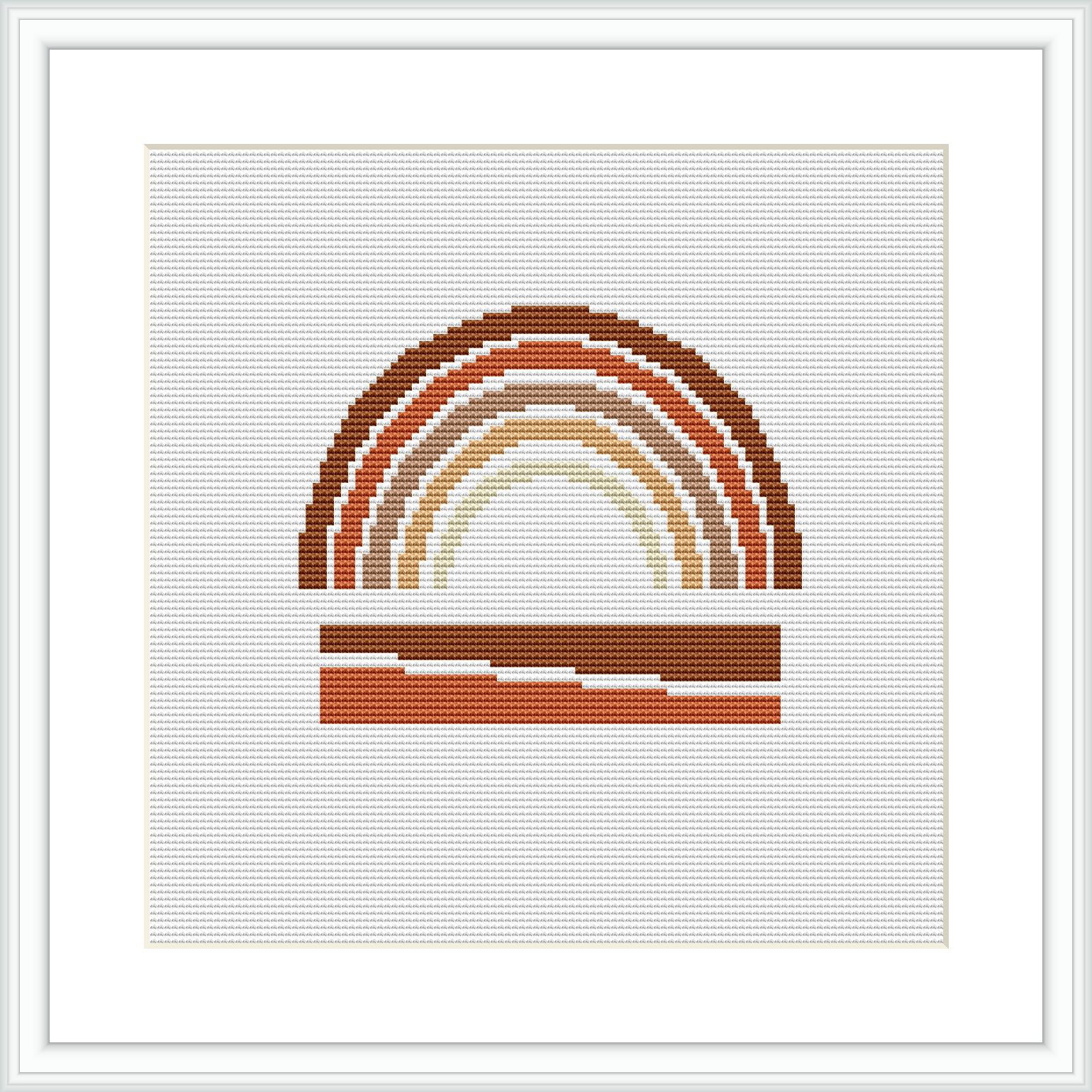 The image displays a framed cross stitch pattern depicting an abstract arch composed of horizontal lines with varying lengths in a series of neutral, earthy colors. The design is set against a white background within the pattern area.