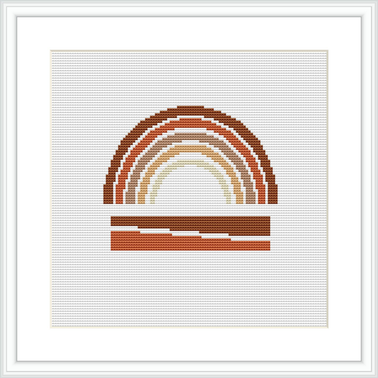 The image displays a framed cross stitch pattern depicting an abstract arch composed of horizontal lines with varying lengths in a series of neutral, earthy colors. The design is set against a white background within the pattern area.