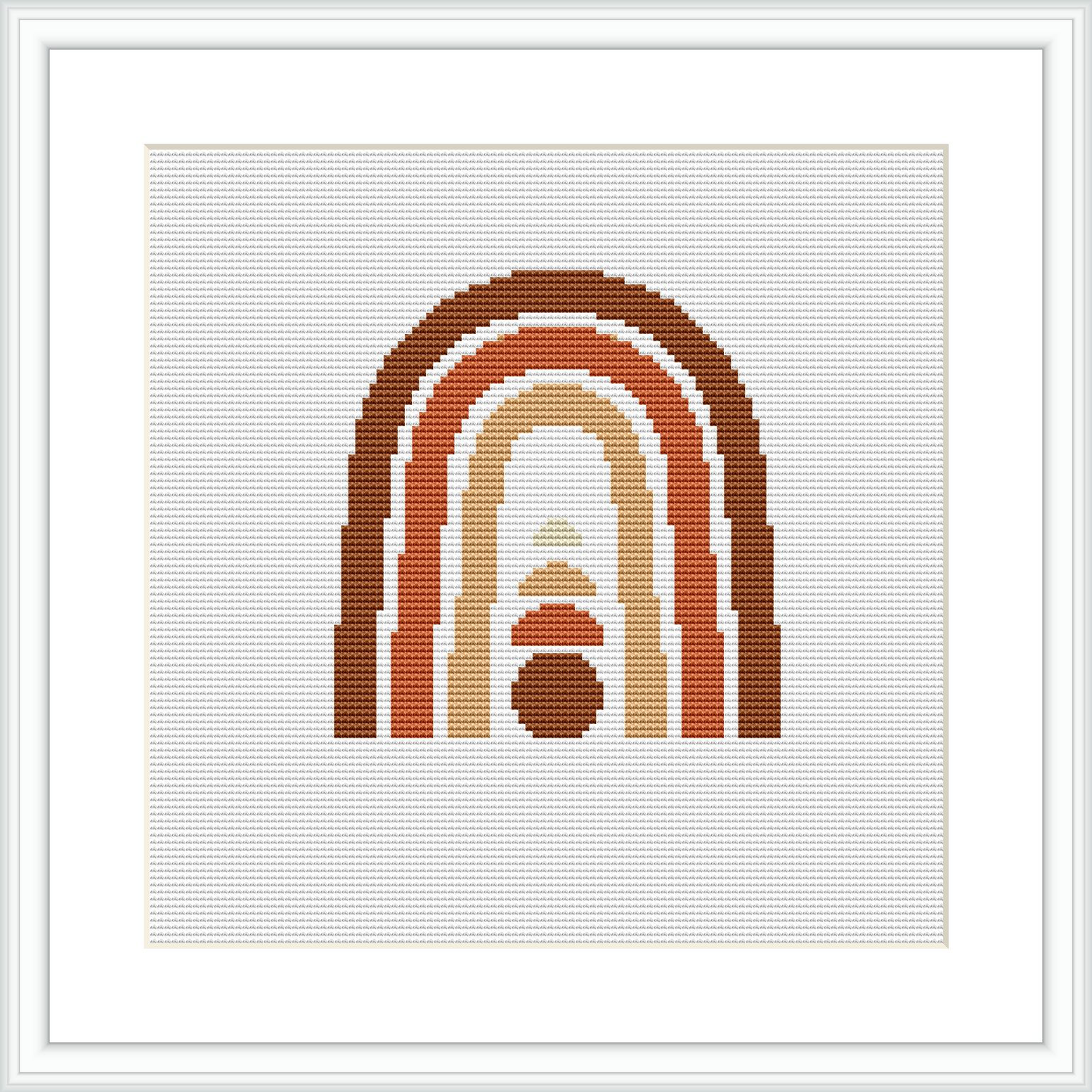 A framed cross stitch pattern displaying overlapping arches in a range of neutral shades, from beige to dark brown, on a white background.