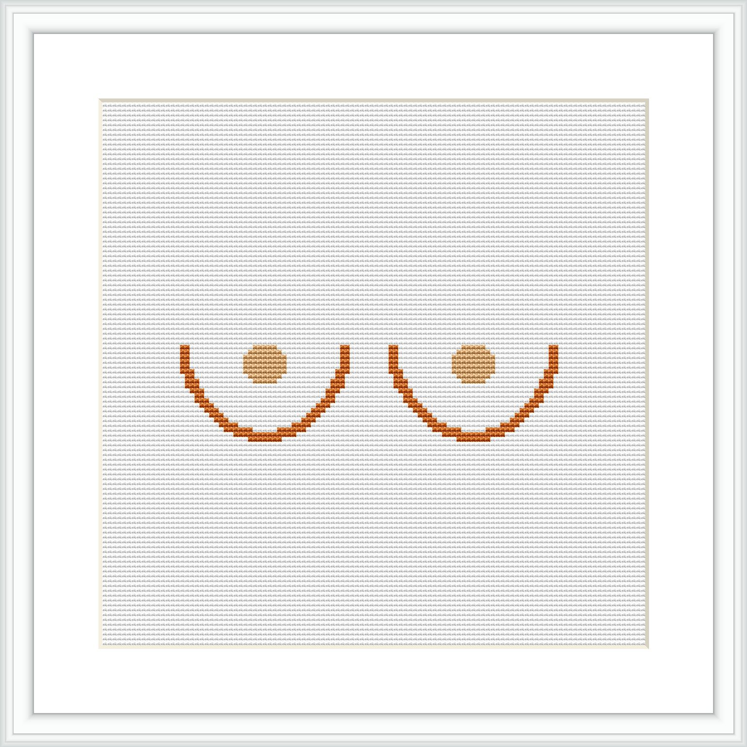 The pattern depicts an abstract, minimalist face formed by geometric shapes against a plain white background, framed in a simple square frame.