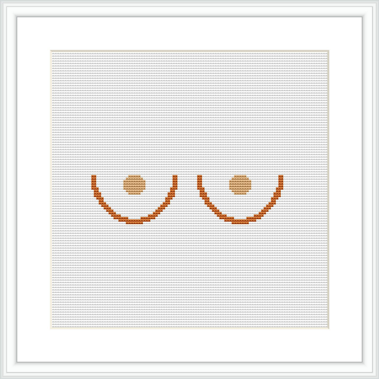 The pattern depicts an abstract, minimalist face formed by geometric shapes against a plain white background, framed in a simple square frame.