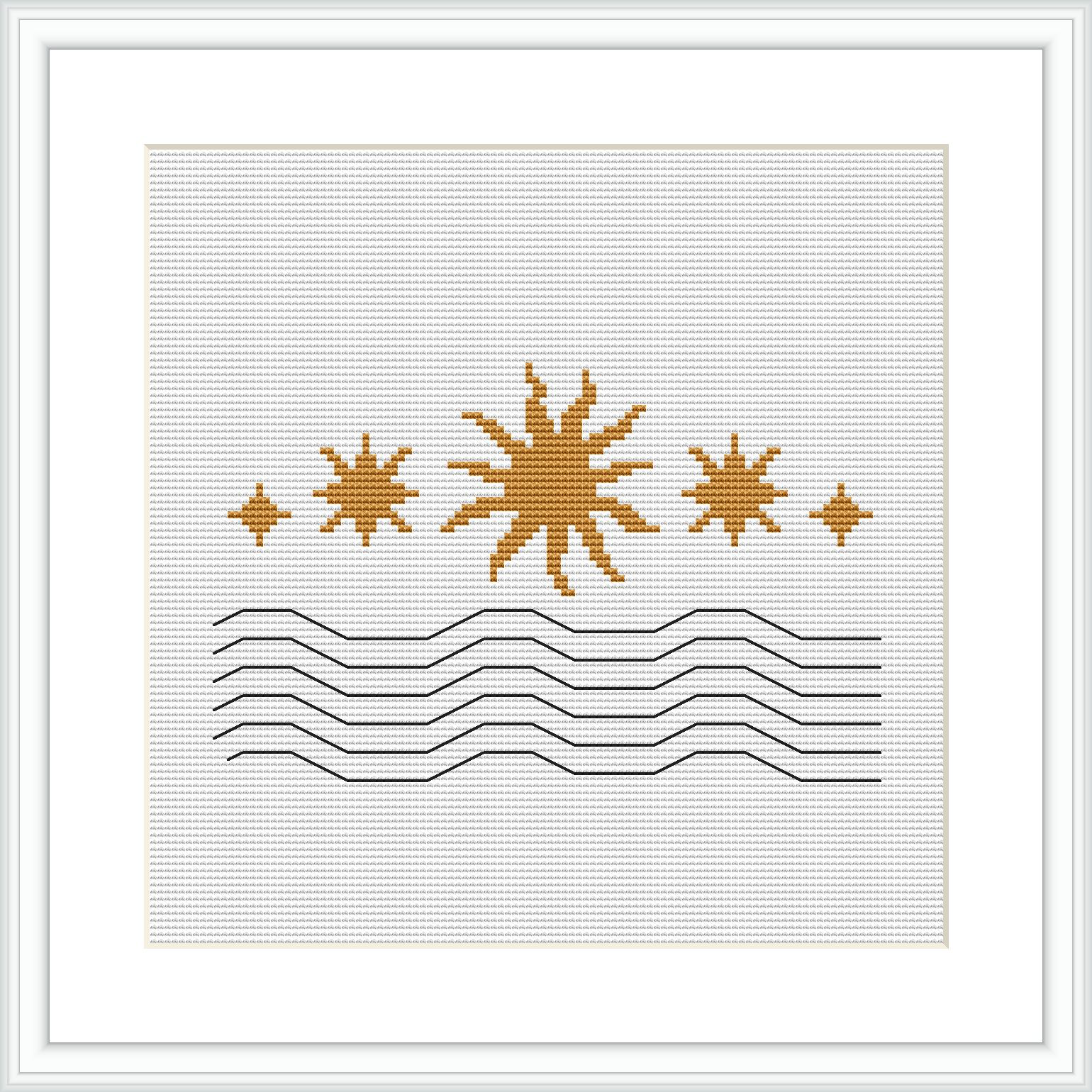 A framed cross stitch pattern displaying abstract stars in neutral colors above a set of uninterrupted and split lines, creating a stark contrast between celestial shapes and geometric forms. The frame appears to be white, set against a white background.