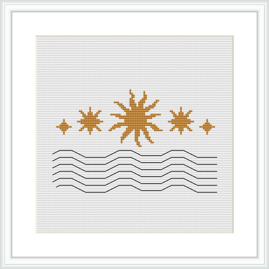 A framed cross stitch pattern displaying abstract stars in neutral colors above a set of uninterrupted and split lines, creating a stark contrast between celestial shapes and geometric forms. The frame appears to be white, set against a white background.