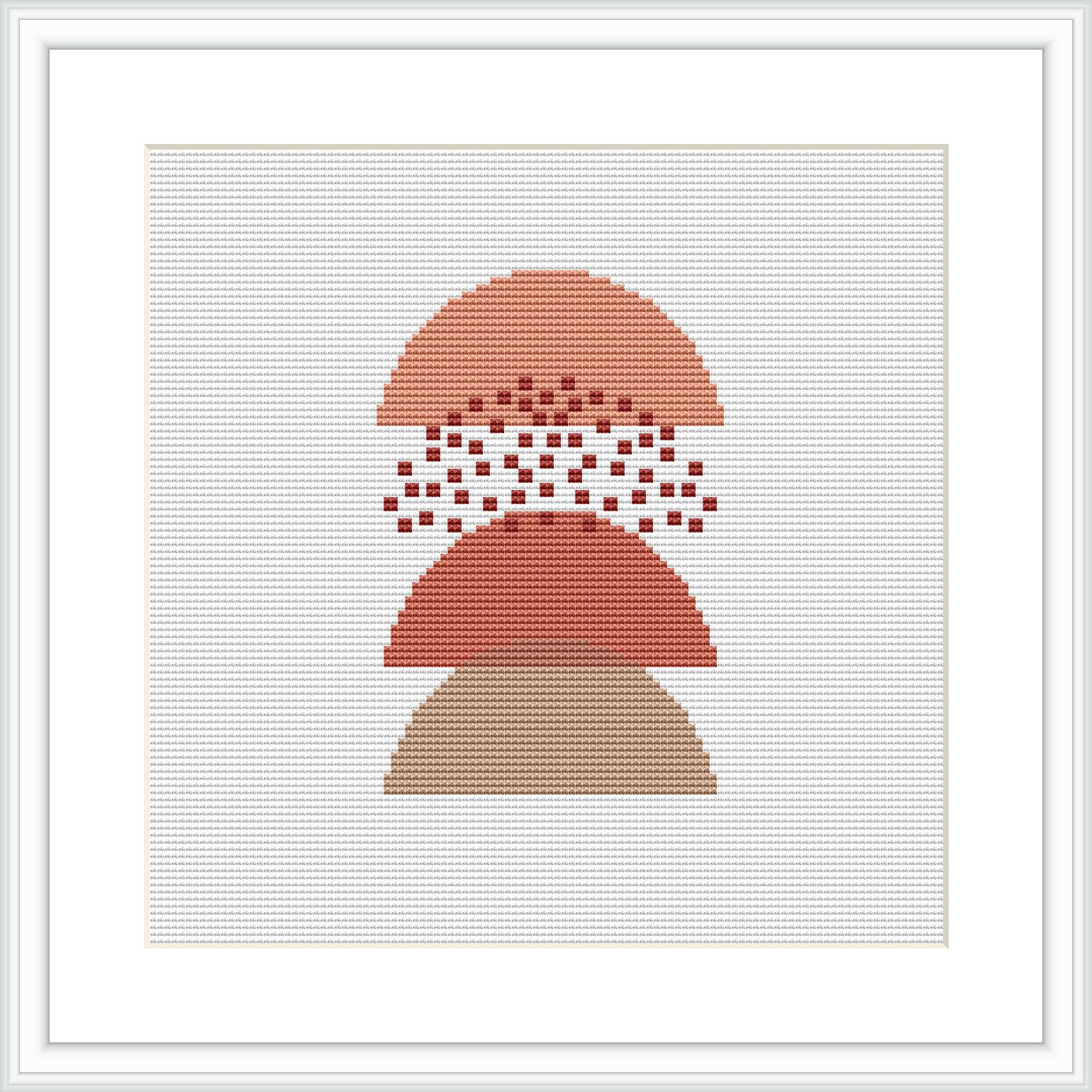 The image displays a framed cross stitch pattern of an abstract nude figure composed of geometric shapes and a gradient of warm colors.