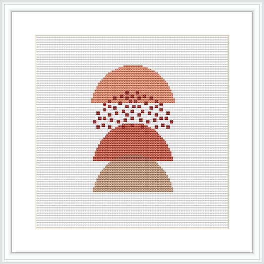 The image displays a framed cross stitch pattern of an abstract nude figure composed of geometric shapes and a gradient of warm colors.