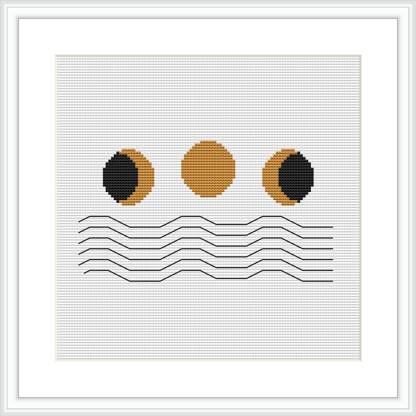 The image displays a cross stitch pattern framed in white, with an abstract design, depicting three round shapes in a horizontal line above a series of parallel lines all stitched onto a plain white canvas.