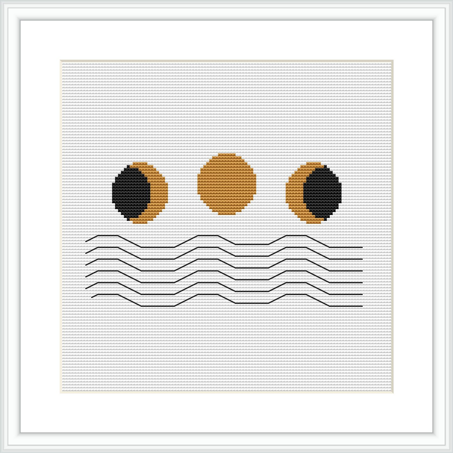 The image displays a cross stitch pattern framed in white, with an abstract design, depicting three round shapes in a horizontal line above a series of parallel lines all stitched onto a plain white canvas.