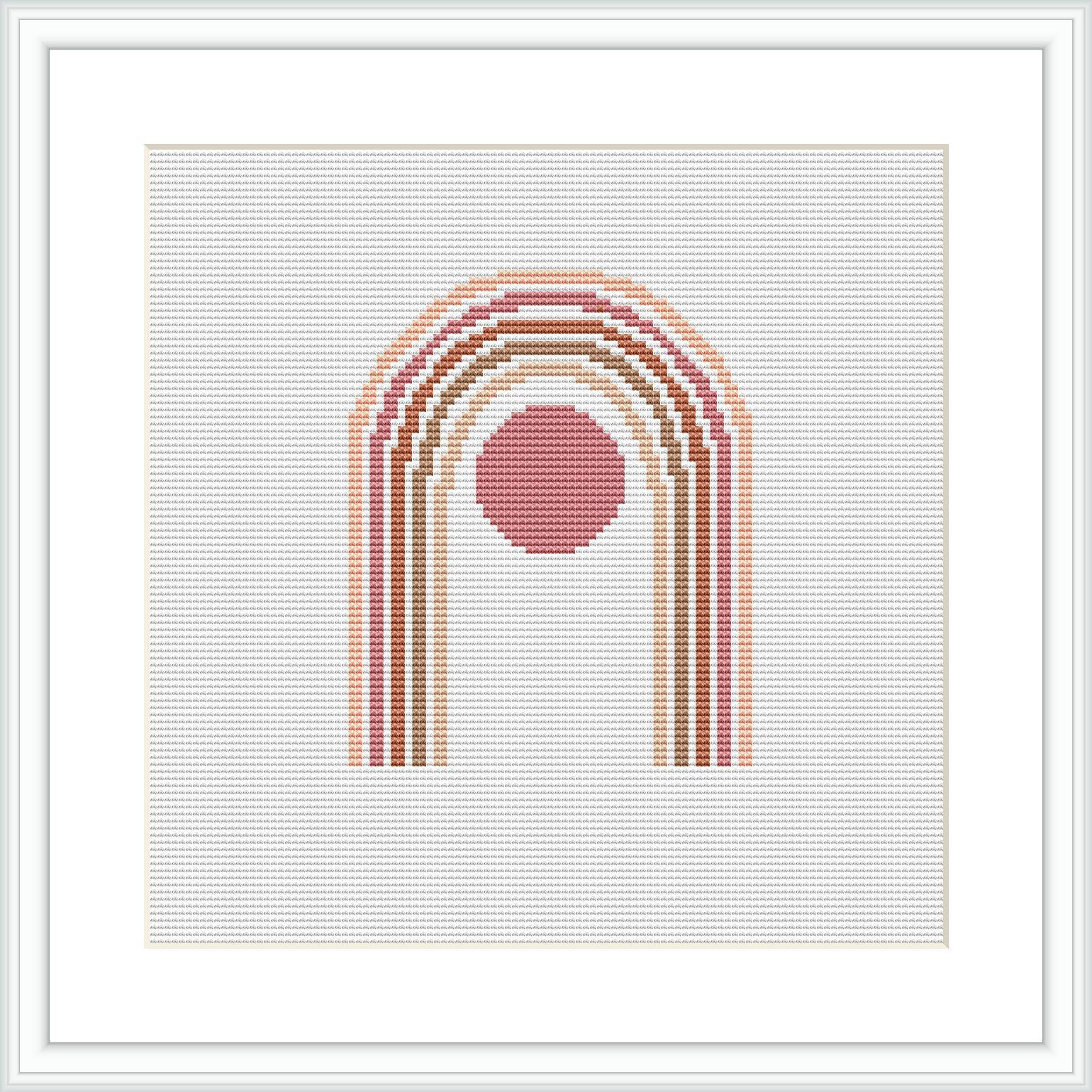 A framed cross stitch piece featuring a series of concentric arches or rainbows in various shades of nude and pink, centered around a large circular motif.