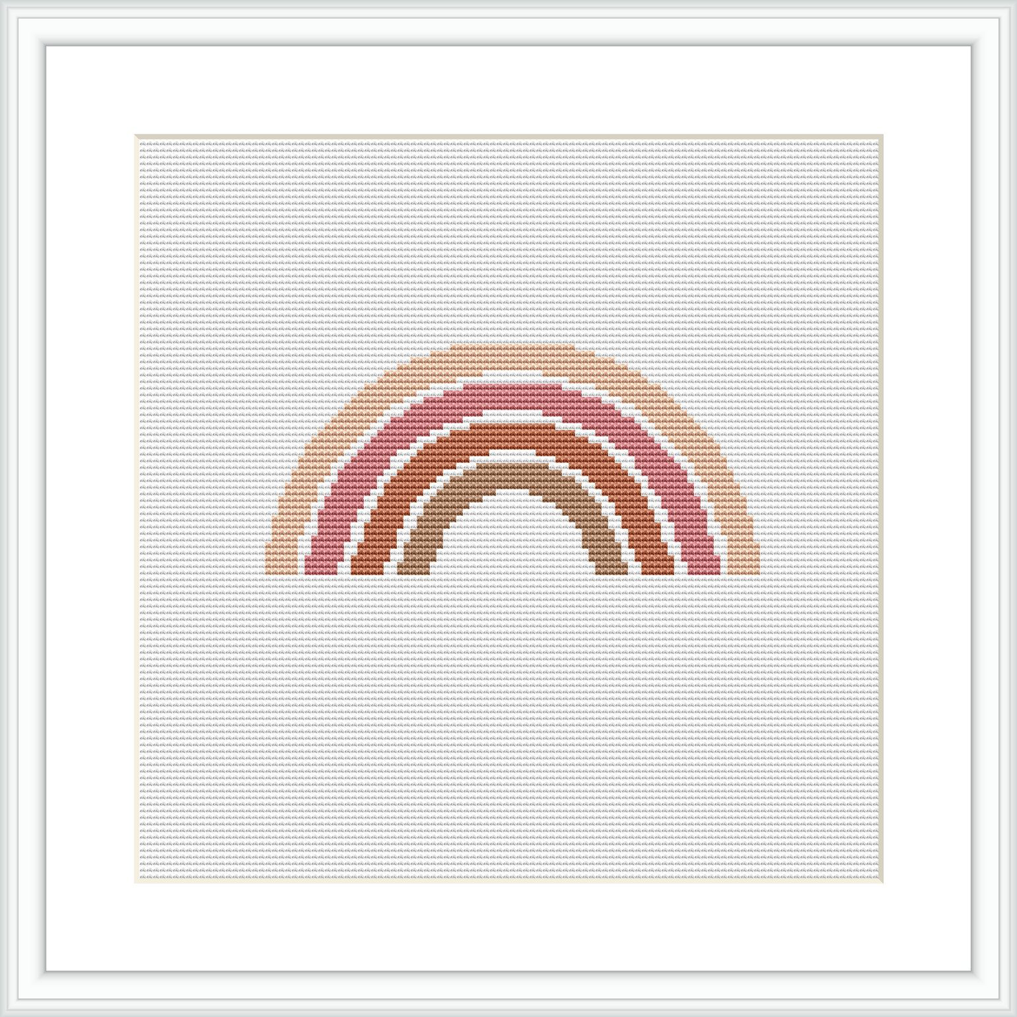 The image displays a framed cross stitch pattern with a simple, abstract design of a rainbow composed of horizontal arches. The arches are in shades of pink, coral, and cream.