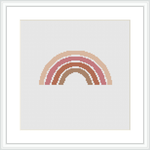 The image displays a framed cross stitch pattern with a simple, abstract design of a rainbow composed of horizontal arches. The arches are in shades of pink, coral, and cream.