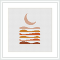 The image features a stylized cross stitch pattern of geometric mountains stacked under a crescent moon, set against a plain white background within a framed presentation.