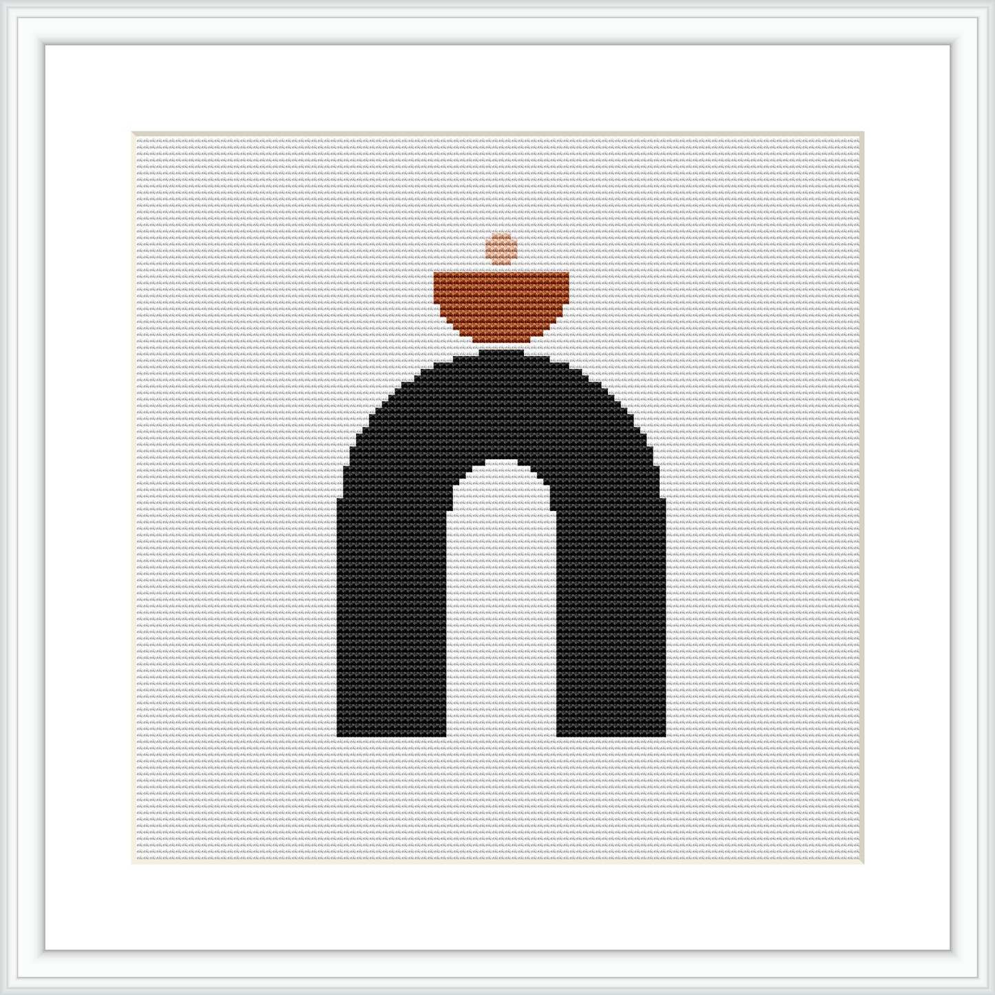 The image showcases a framed cross stitch pattern featuring a black arch with a terracotta pot resting on top. The background is white, and the design is centered within the frame.