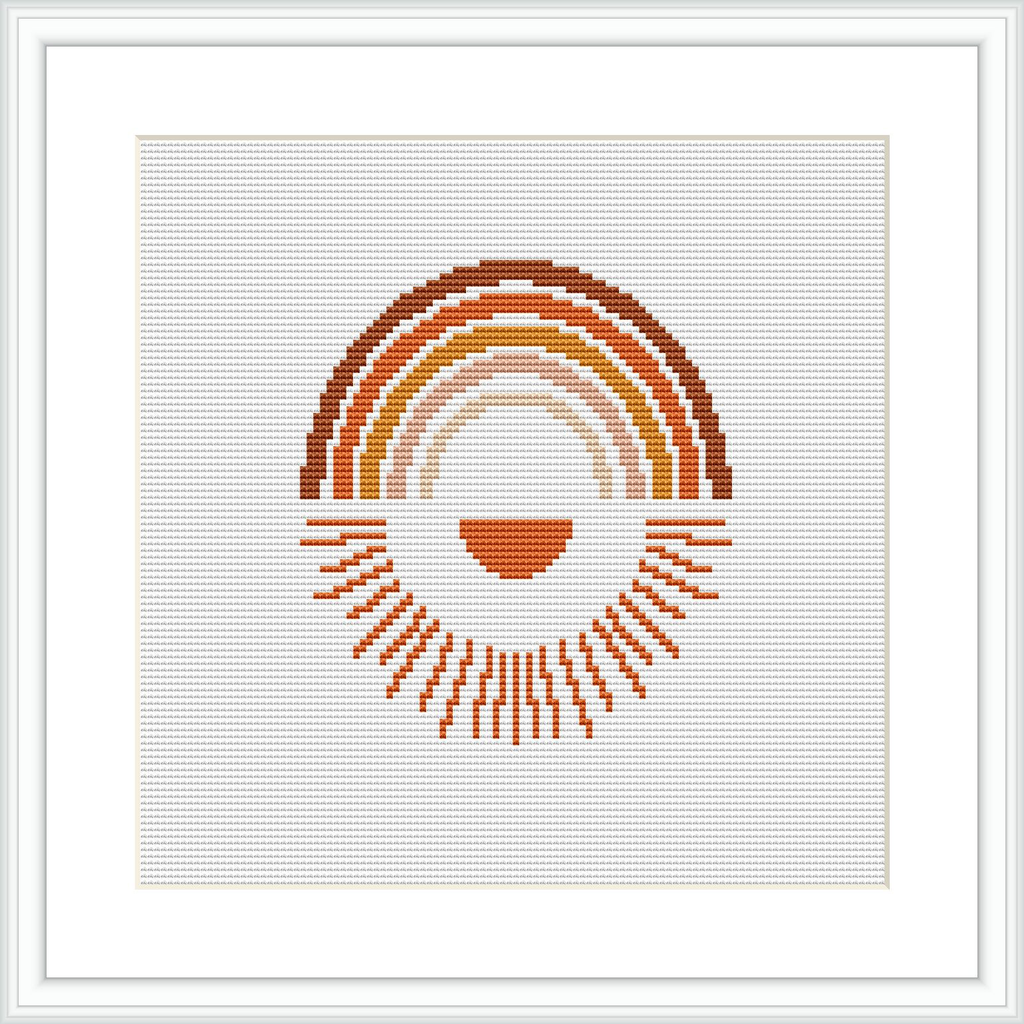 The cross stitch pattern depicts an abstract representation of a sunset with a semi-circular arc that resembles the sun. It is composed of multiple horizontal lines with varying lengths arranged in a gradient-like formation from the center to create the shape of the sun. The framing shows a simple white border.
