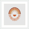 The cross stitch pattern depicts an abstract representation of a sunset with a semi-circular arc that resembles the sun. It is composed of multiple horizontal lines with varying lengths arranged in a gradient-like formation from the center to create the shape of the sun. The framing shows a simple white border.