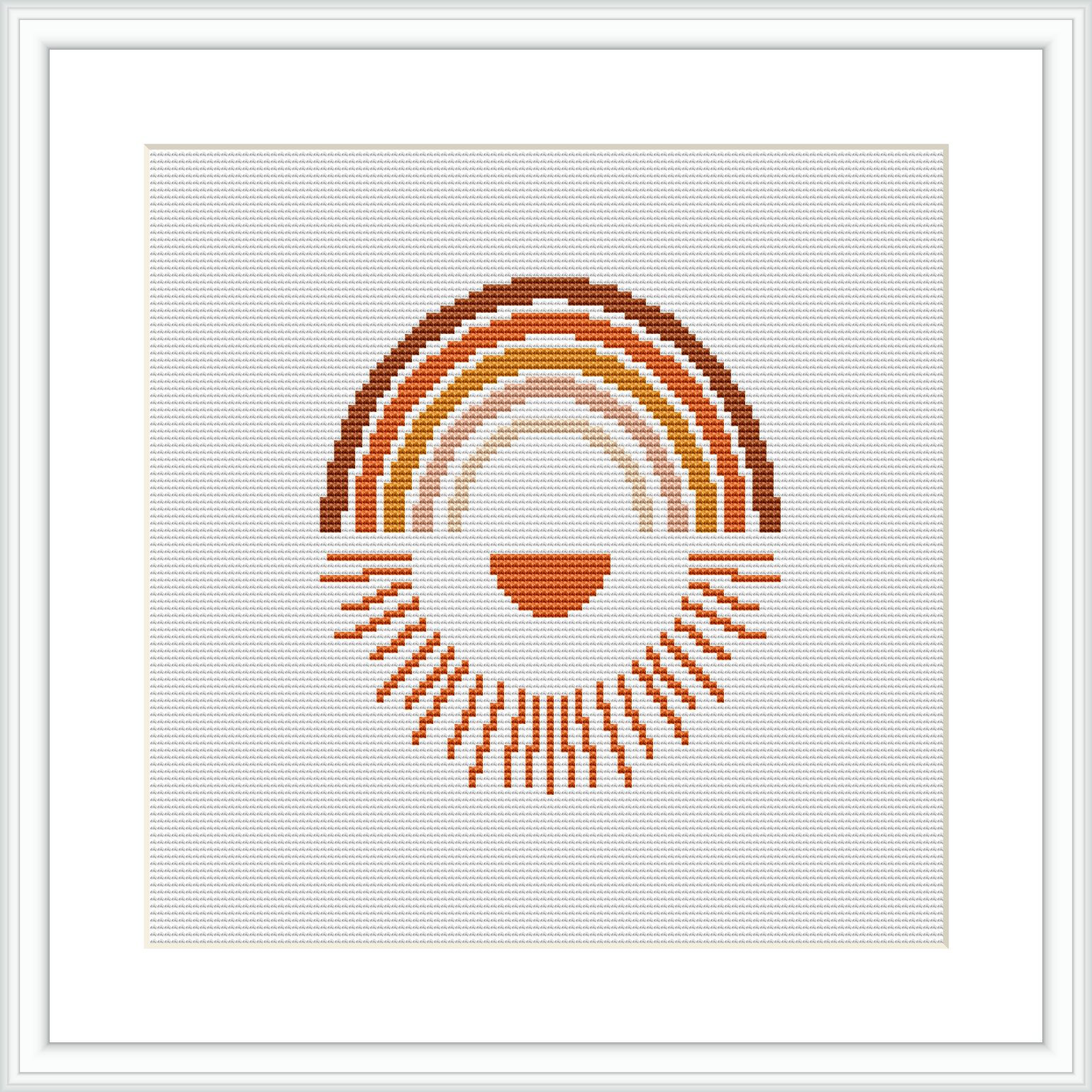The cross stitch pattern depicts an abstract representation of a sunset with a semi-circular arc that resembles the sun. It is composed of multiple horizontal lines with varying lengths arranged in a gradient-like formation from the center to create the shape of the sun. The framing shows a simple white border.