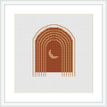 The image depicts a cross stitch pattern framed in white, with a symmetrical arched design centered in warm-toned colors, on a clean white background.