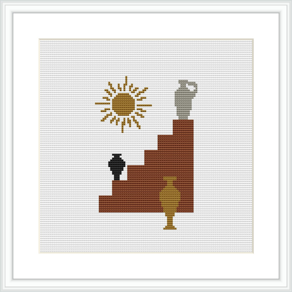 The cross stitch pattern shows a brown-maroon staircase with a sun depicted above it in a gold color. On the steps, there are three vases of different sizes and colors, adding elegance to the composition.