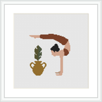 The image depicts a simplified, abstract representation of a woman in a yoga pose, bending towards a stylized plant. The background is plain white with no additional details, emphasizing the figures in the foreground.