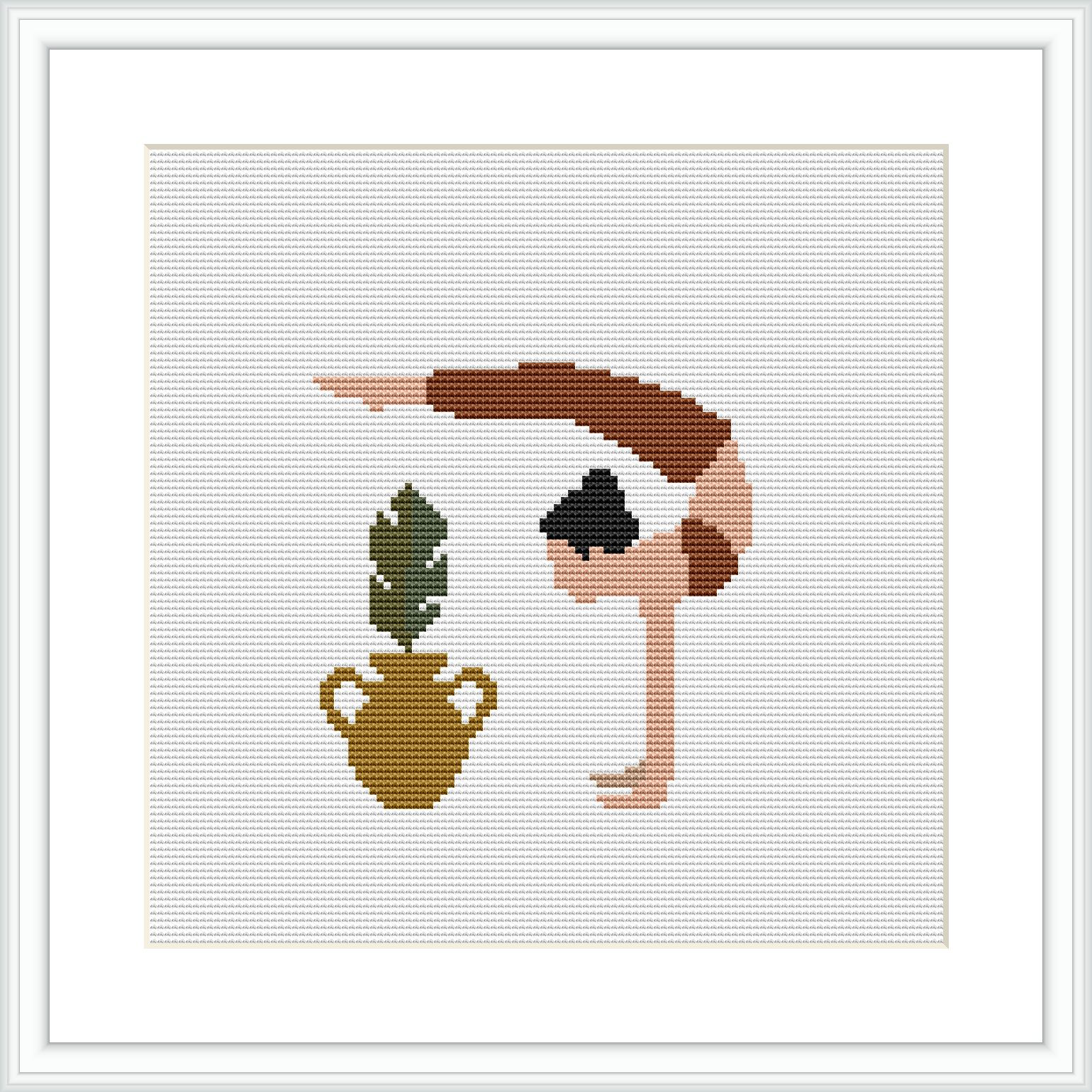 The image depicts a simplified, abstract representation of a woman in a yoga pose, bending towards a stylized plant. The background is plain white with no additional details, emphasizing the figures in the foreground.