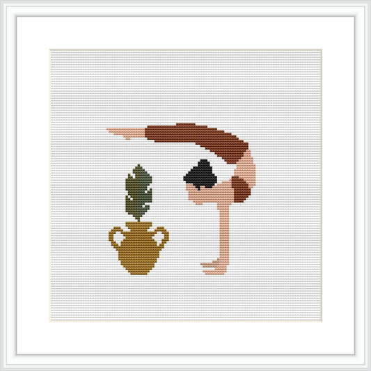 The image depicts a simplified, abstract representation of a woman in a yoga pose, bending towards a stylized plant. The background is plain white with no additional details, emphasizing the figures in the foreground.