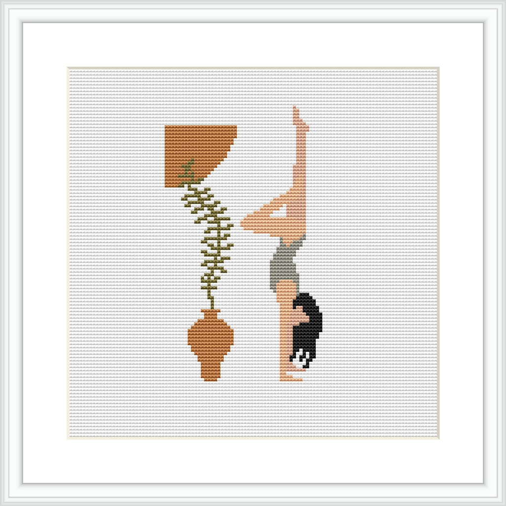 The image presents a cross stitch pattern showing a side view of a woman in a yoga headstand pose. The woman's body is portrayed in sandy brown and peach colors, with a black skirt or shorts. She is positioned on a white background with a simple representation of an olive green potted plant above her.