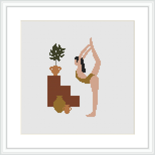 A cross stitch pattern depicting a woman in a tree yoga pose next to a stack of stones with a bonsai tree on top in the foreground and a plain white background.