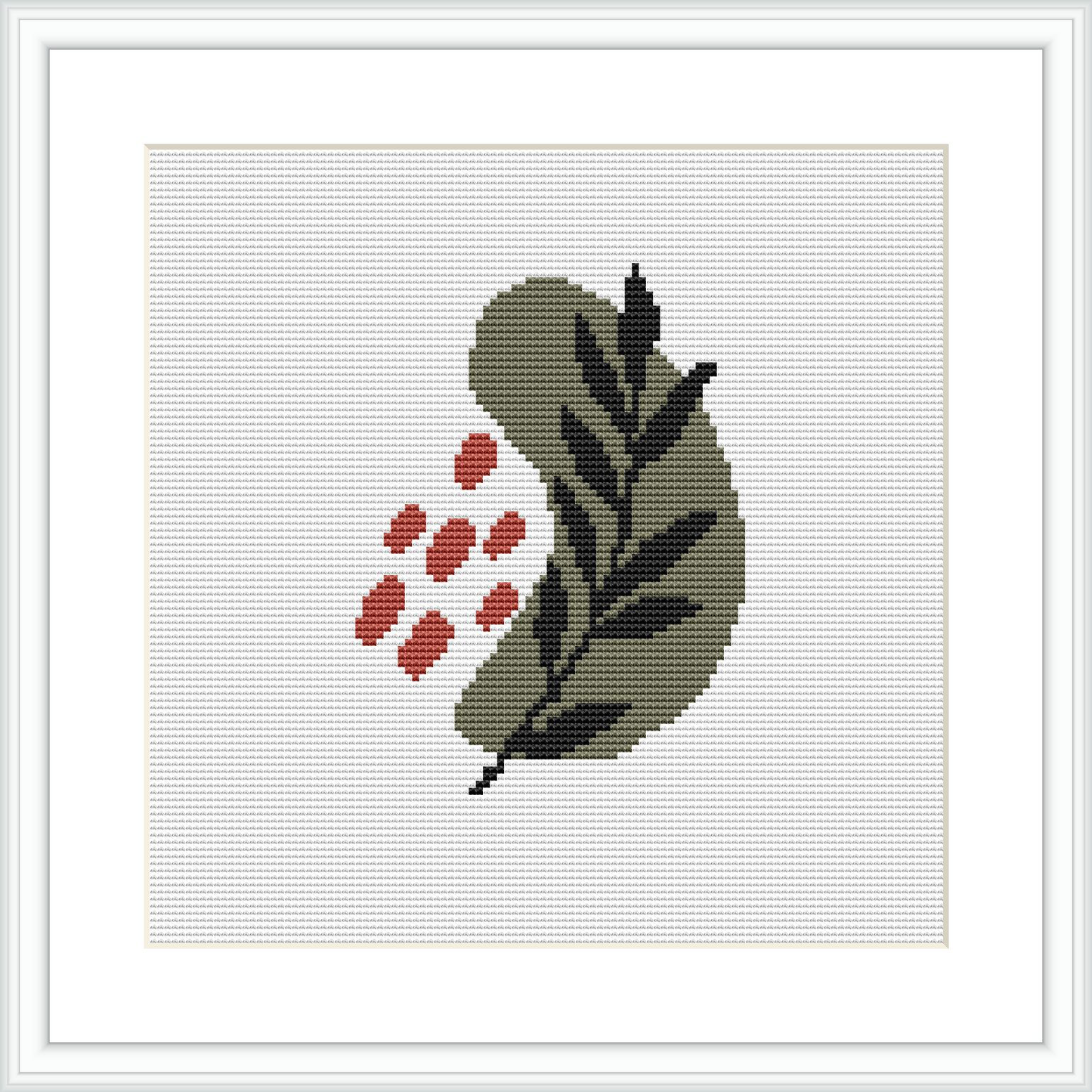 The image is a digitally rendered representation of a cross stitch pattern showing a single green leaf with a stem and a cluster of red berries on a white background, framed by a simple black frame.