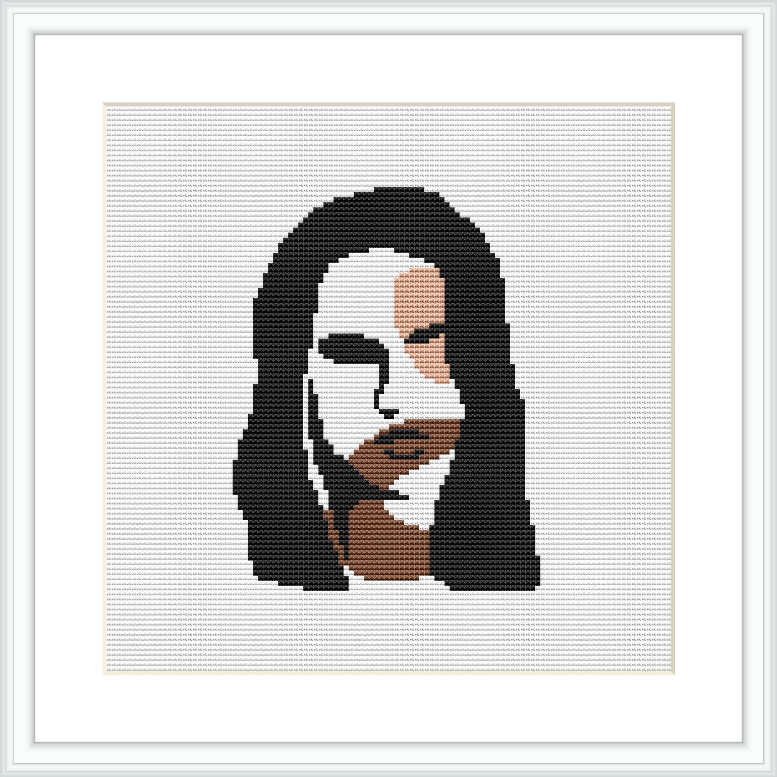 The image depicts a framed cross stitch pattern featuring an abstract design of a woman’s face. The face is stylized with geometric shapes and a limited color palette, focusing on shades of black, white, gray, and hints of beige and brown.