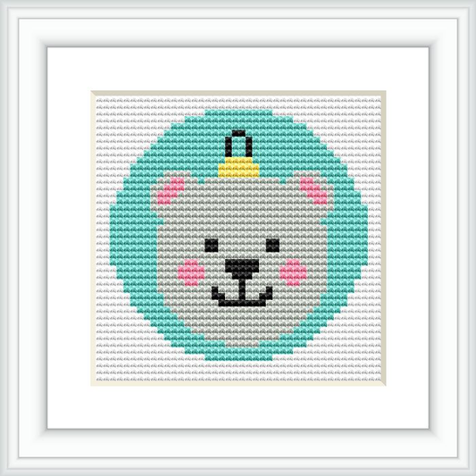 The image features a stylized depiction of a bear with unicorn features, including a yellow horn. The bear is centered within a square frame, showcased on a white background with a pixelated design primarily in mint green, gray, pink, and yellow colors.