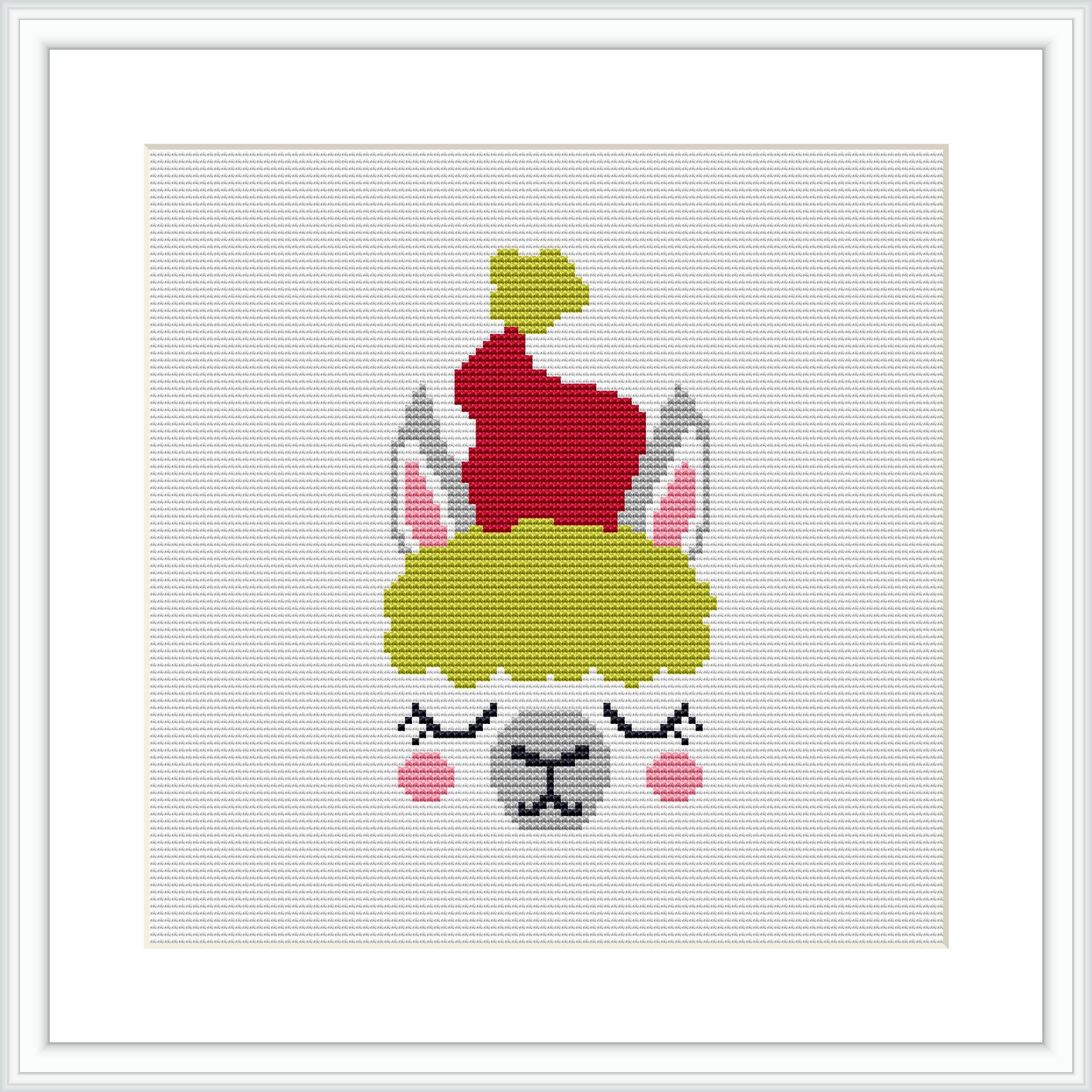 The image displays a framed cross stitch pattern featuring the stylized face of a llama with closed eyes and rosy cheeks, wearing a green and red Christmas hat against a plain white background.