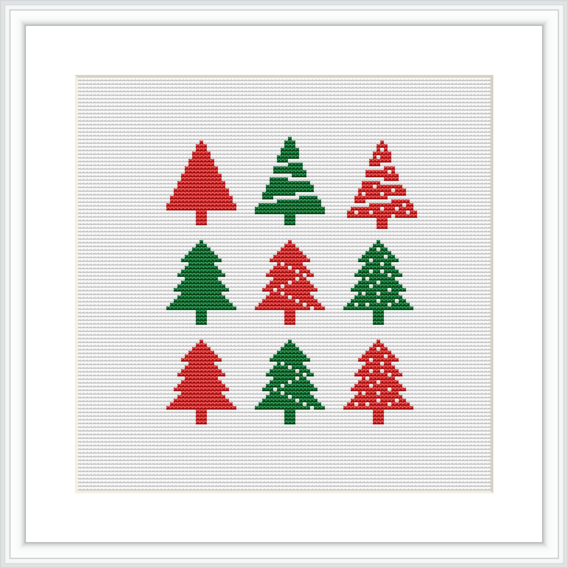 The image shows nine stylized Christmas trees arranged in a 3x3 grid. The trees alternate in color, with red trees adorned with white dots on the left and green trees on the right. The background is plain white, emphasizing the simplicity of the design.