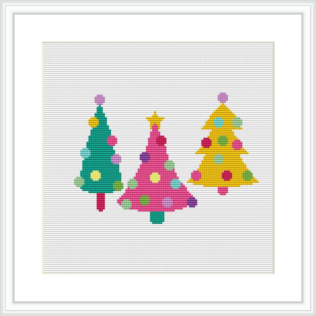 The image features three stylized Christmas trees arranged in a row, each with a unique color scheme and decorated with colored baubles, on a white background within a square frame.