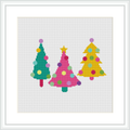 The image features three stylized Christmas trees arranged in a row, each with a unique color scheme and decorated with colored baubles, on a white background within a square frame.