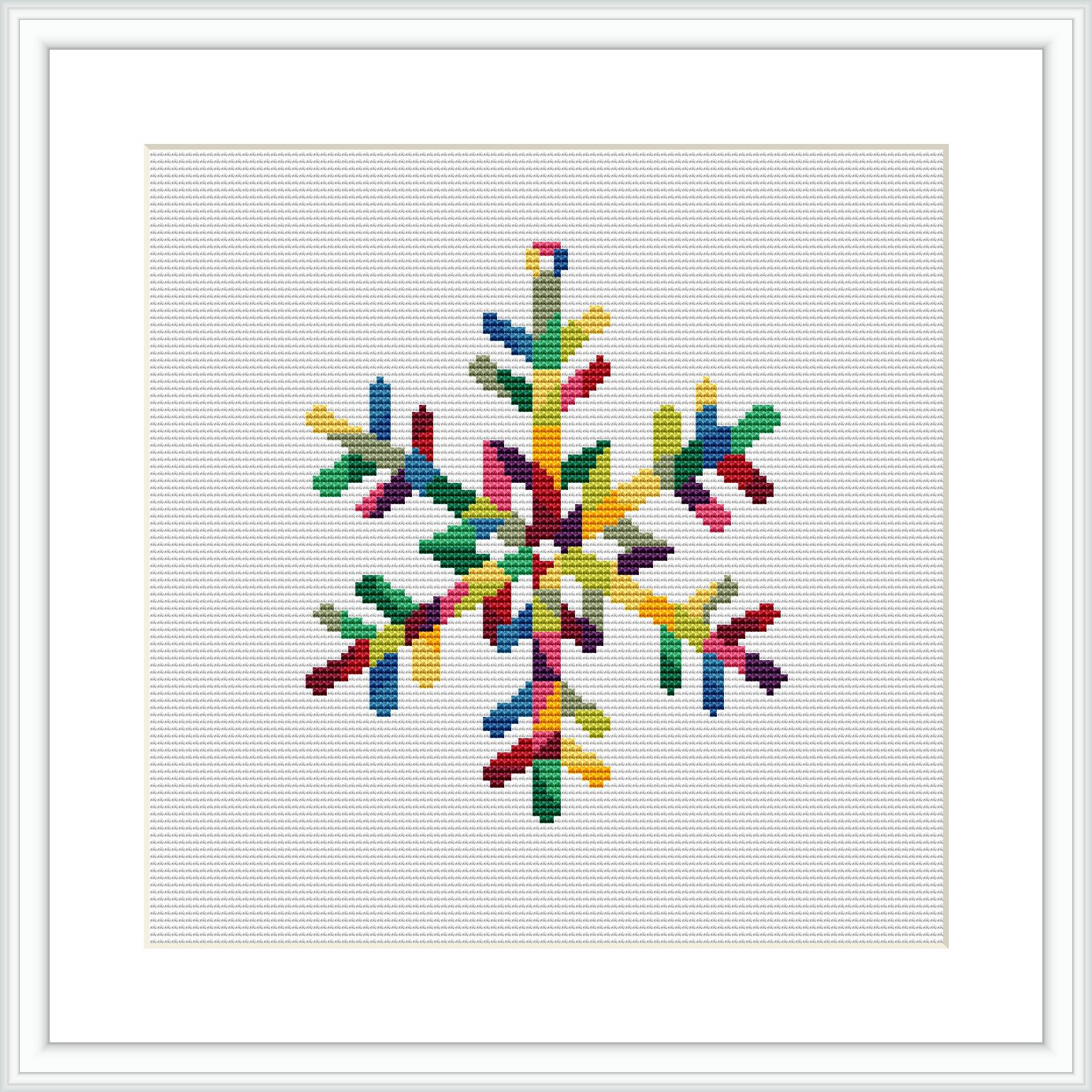 A framed cross stitch pattern depicting a colorful geometric snowflake on a white background, encased in a square frame.