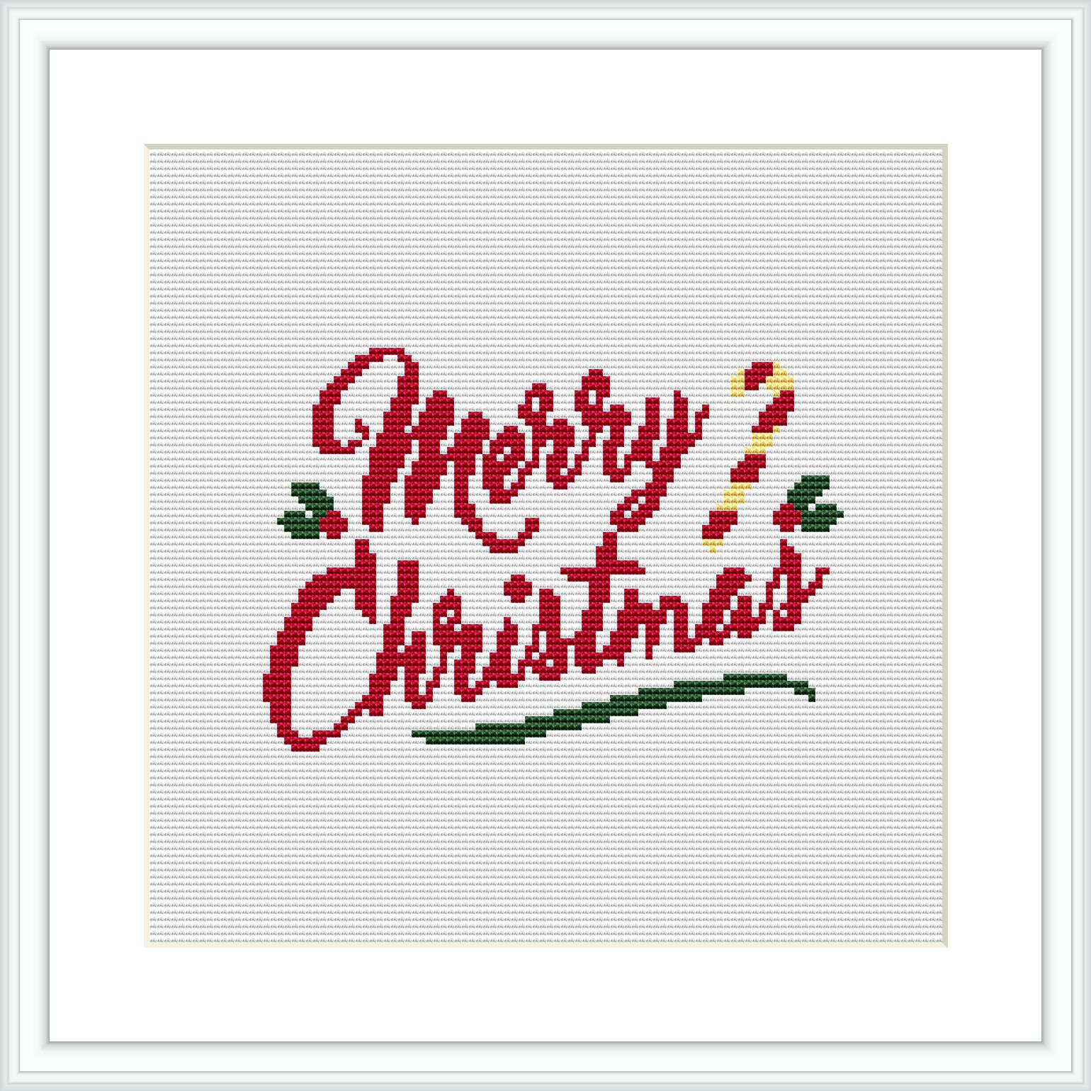 The image features a cross stitch embroidery with the phrase 'Merry Christmas' in cursive, variegated red and green stitching. The text is embellished with sprigs of green holly leaves and red berries. The design is framed within a simple square border, mimicking a picture frame.