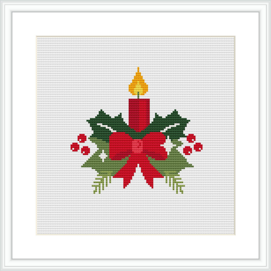 The image shows a cross stitch pattern with a red candle at the center that emits a yellow glow. Around the candle, there is a symmetrical arrangement of green holly leaves and red berries, tied with a red bow, resembling a traditional Christmas wreath.