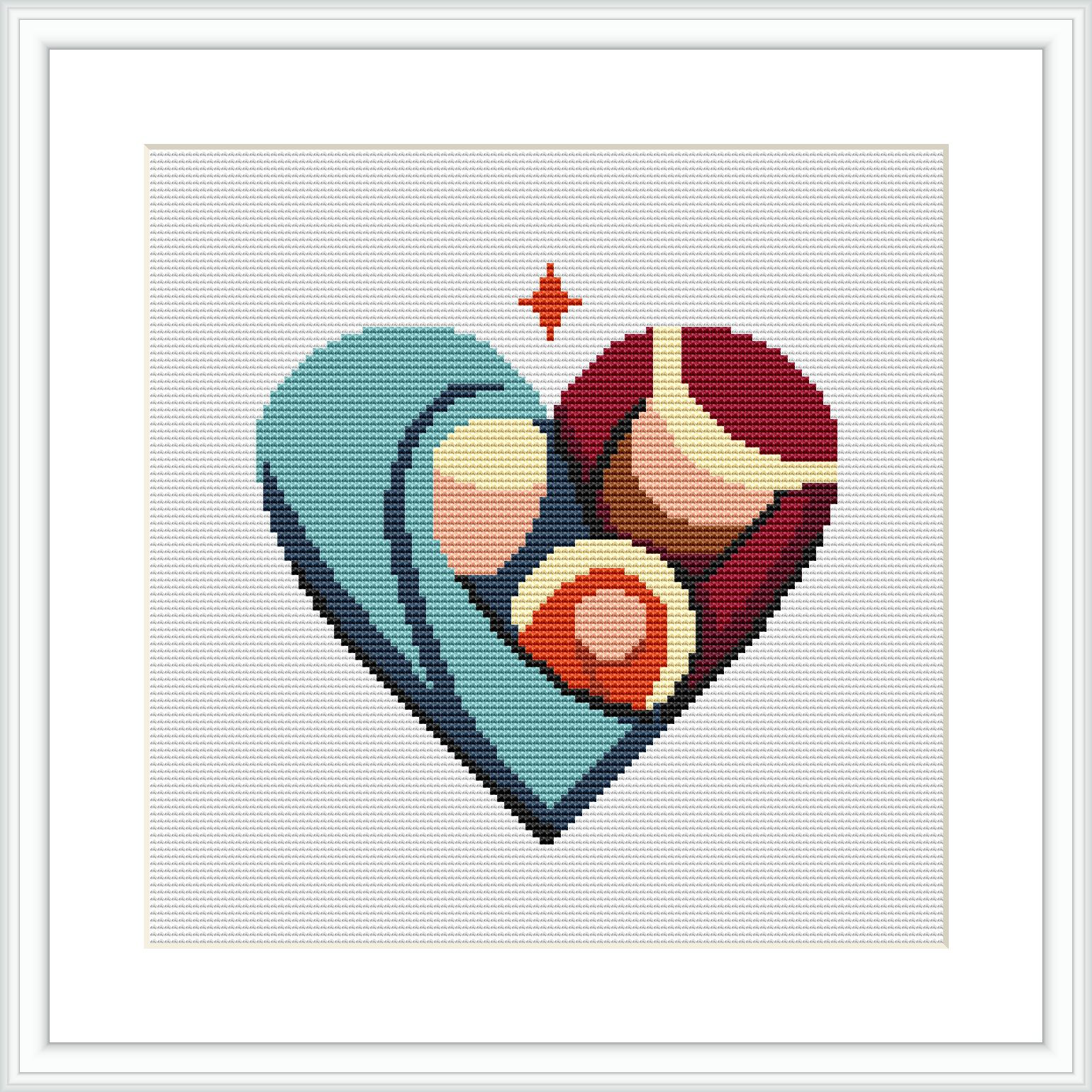 The image shows a stylized heart split into two halves with contrasting cool and warm colors. Each half contains two circular motifs that resemble hugging figures, and there is a small star above the heart. This representation is arranged within a square frame on a white background.