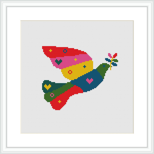 The image features a stylized, colorful bird in flight, carrying a branch with leaves and flowers. It is depicted against a white background, emphasizing the vivid colors and simple shapes of the design.