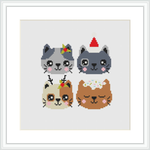 The image shows an embroidered cross stitch pattern of four cats with their faces aligned in a row. Each cat is adorned with a different Christmassy hat or accessory. The background is plain white, highlighting the colorful design of the cats.