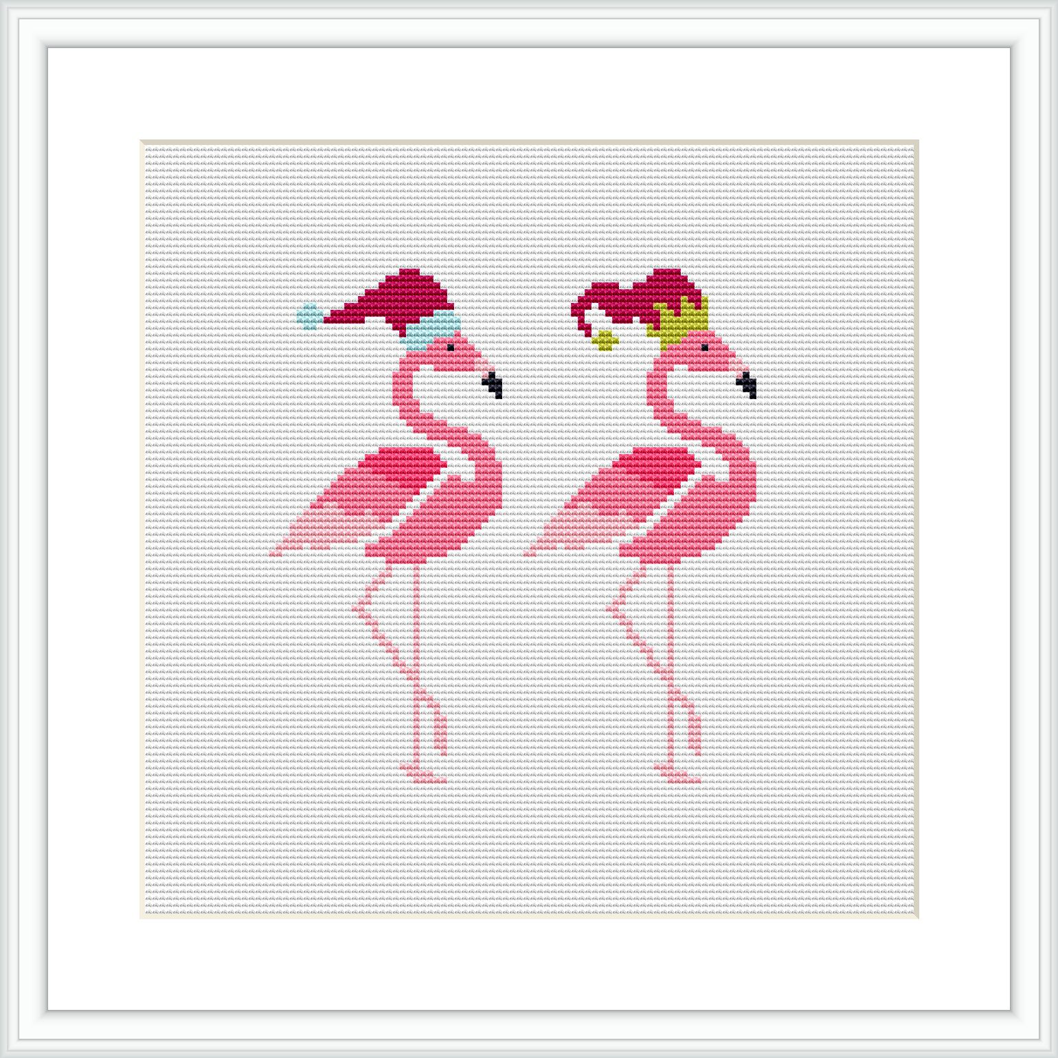 The image depicts two pink flamingos facing each other. Each flamingo is wearing a colorful Christmas hat. The background is plain white, and the design is framed in a simple white border.