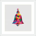 The image shows a framed cross stitch pattern of a bell with geometric shapes and multiple colors, centered on a white canvas background.