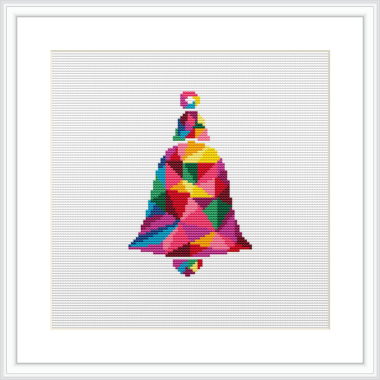 The image shows a framed cross stitch pattern of a bell with geometric shapes and multiple colors, centered on a white canvas background.