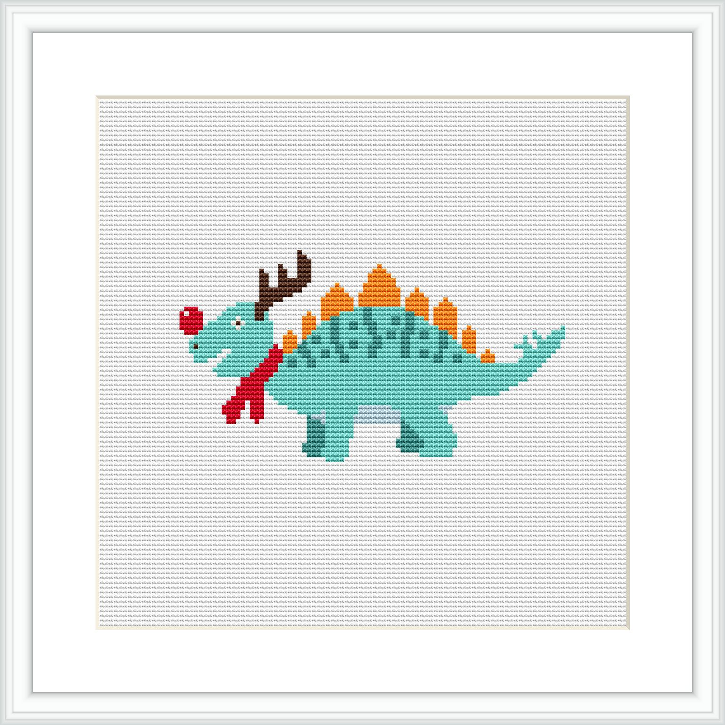 The image depicts a cross-stitch pattern of a green dinosaur with a red scarf and what appears to be reindeer antlers, embellished with decorative Christmas-themed patterns.