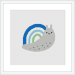 The image depicts a framed cross stitch pattern with a gray snail. The snail's shell is adorned with blue and green patterns resembling a wave. It is centered against a white fabric background within a minimalistic white frame.