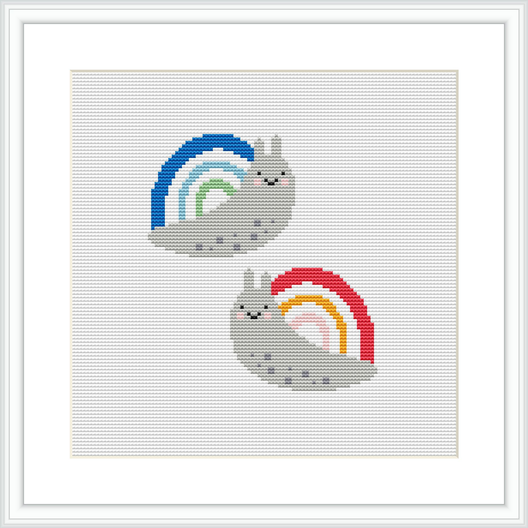 The image showcases a framed cross stitch pattern featuring two snails, each with a rainbow-colored shell, placed side by side against a white background within the pattern area.