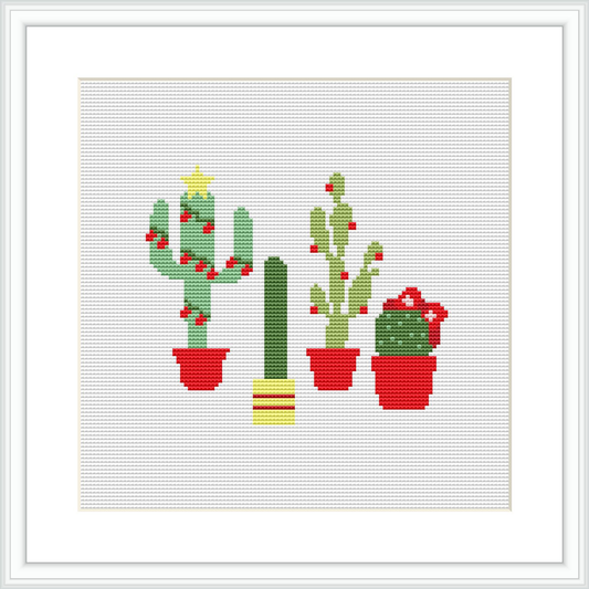 The image shows three cross-stitch cacti in red pots against a white background, each embellished with Christmas-themed decorations such as lights and ornaments.