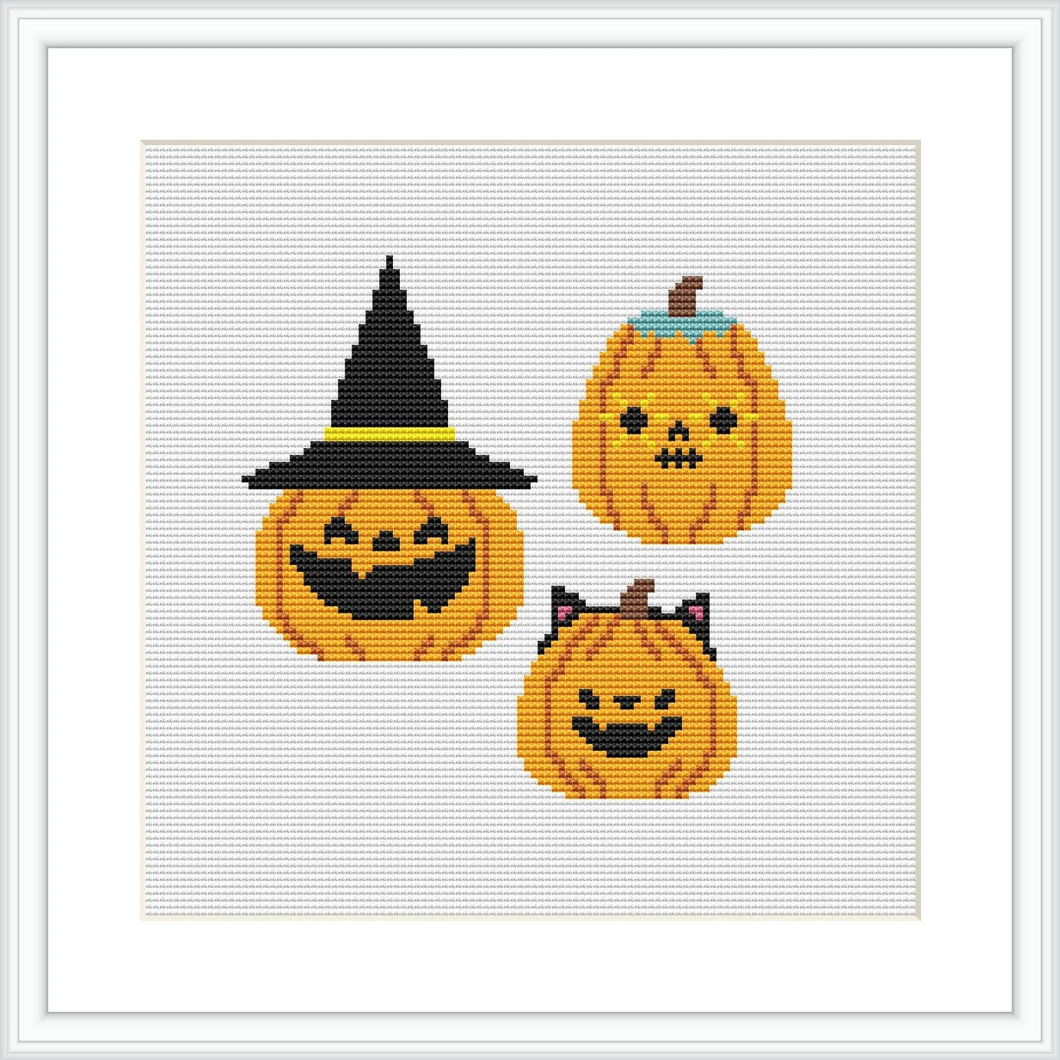 The image features three smiling jack-o'-lanterns placed closely together. The top pumpkin wears a black witch hat, while the others are without accessories.