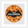 The image showcases a circular cross stitch pattern with a central theme of Halloween, featuring a pumpkin-orange background, black bats, white stars, and the phrase 'Happy Halloween' stitched in the center.