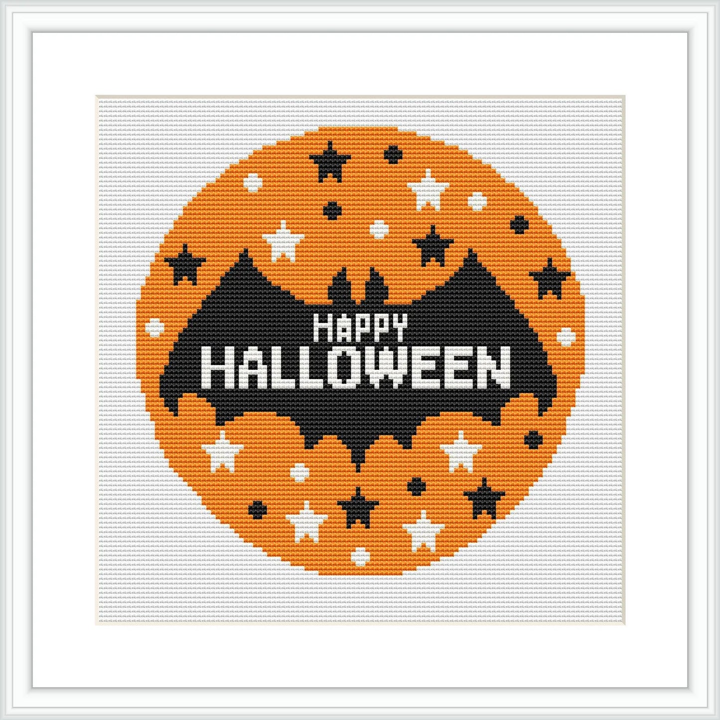 The image showcases a circular cross stitch pattern with a central theme of Halloween, featuring a pumpkin-orange background, black bats, white stars, and the phrase 'Happy Halloween' stitched in the center.